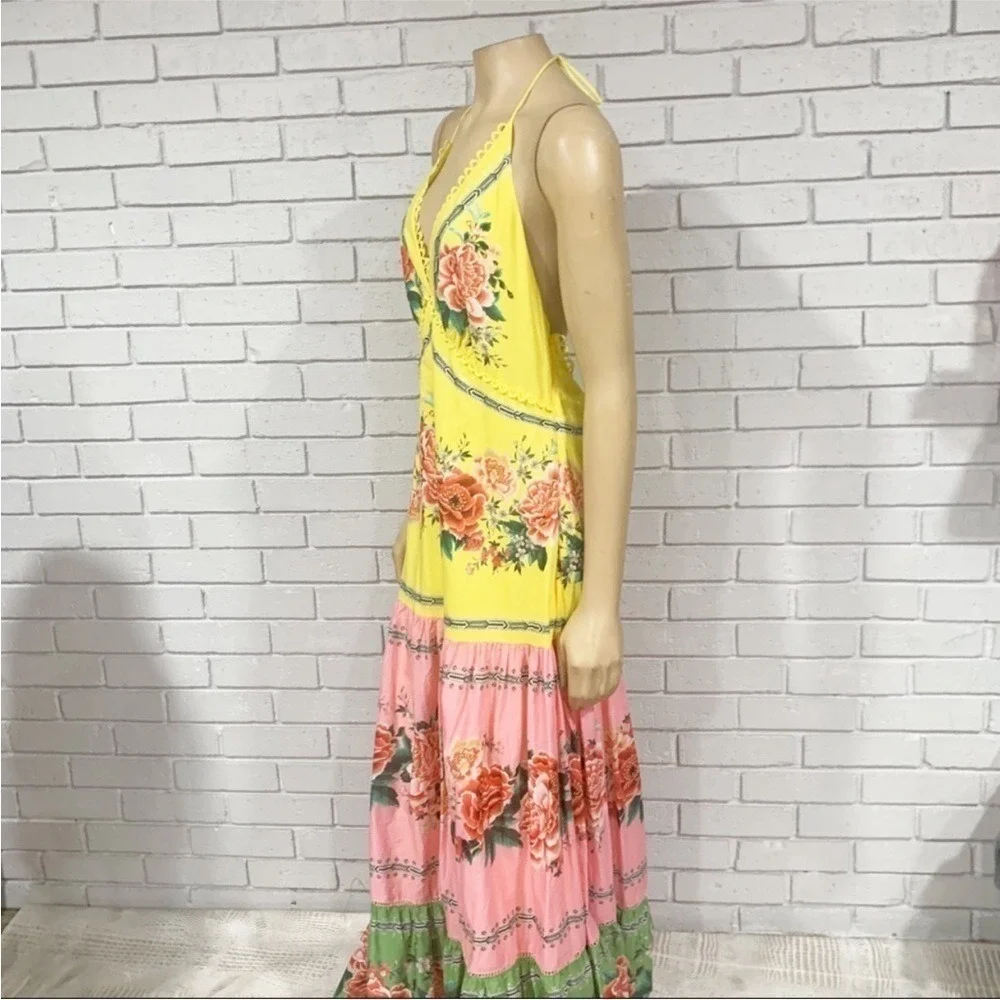 Farm Rio Floral Halter Maxi Dress Open Back Boho Spring Wedding Guest | Large - Picture 5 of 6